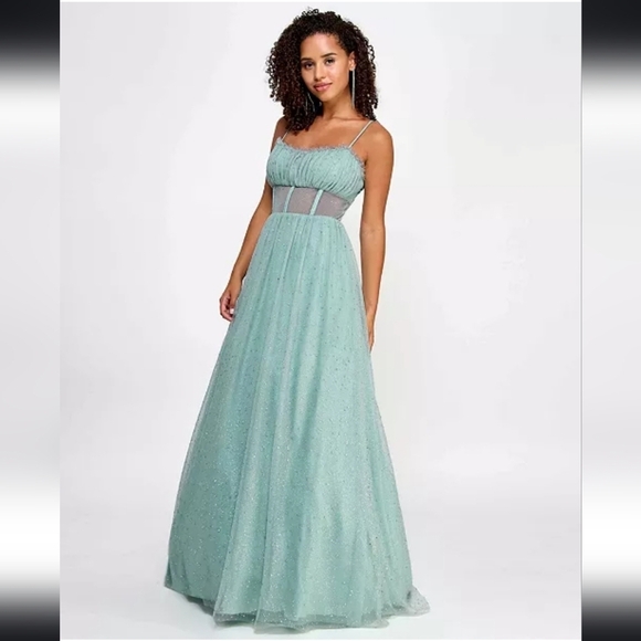 NWT TLC Say Yes Juniors Rhinestone-Embellished Mesh-Waist Gown in Seagreen 13/14 - Picture 3 of 15